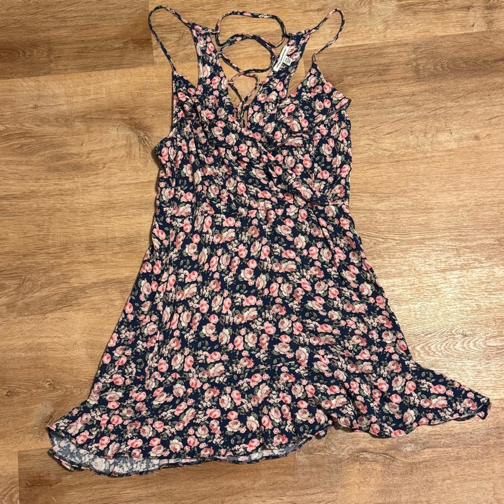 American Eagle Floral Lace Up Back Ruffle Mini Dress Navy Pink Medium
